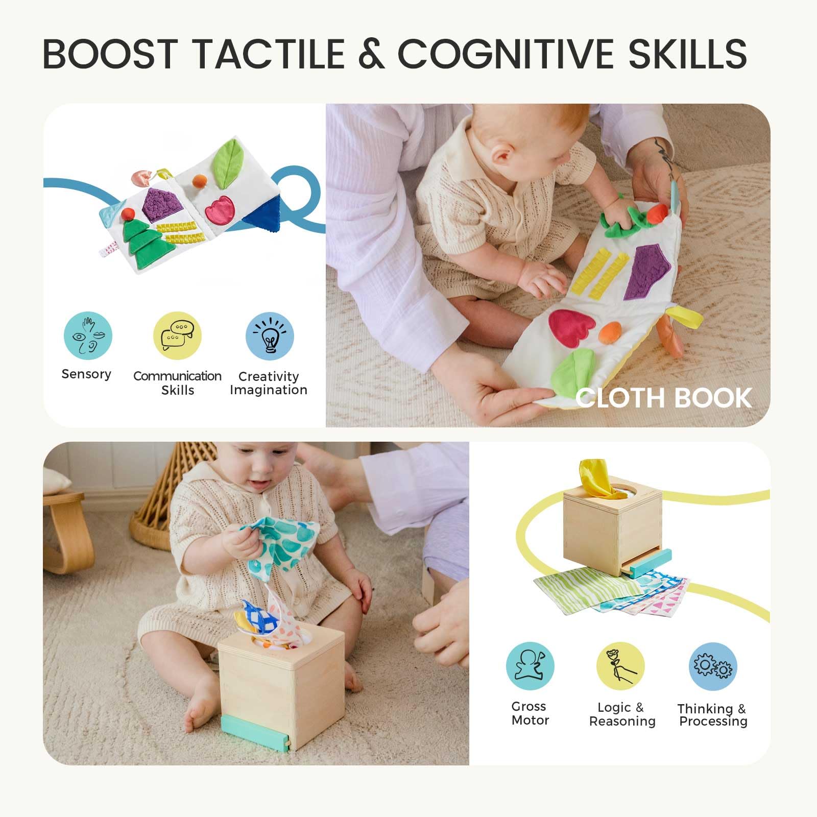 Tiny Land sensory fabric book offers varied textures and sounds for exploration.