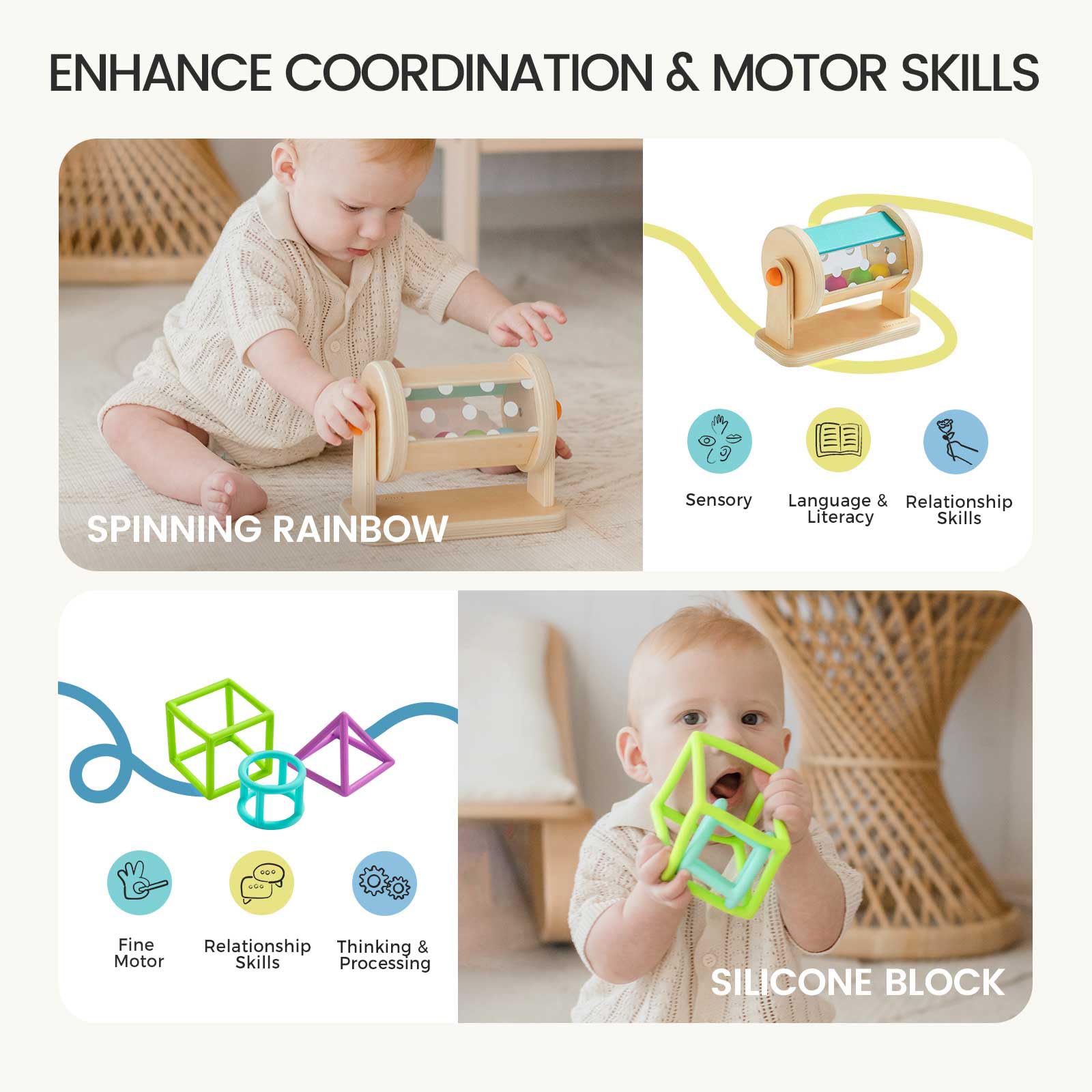Tiny Land silicone geometric blocks serve as teether and stackers.