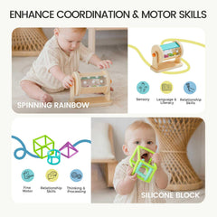 Tiny Land silicone geometric blocks serve as teether and stackers.