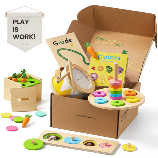 Tiny Land Montessori Toy Set baby drum used for rhythm play and motor development.
