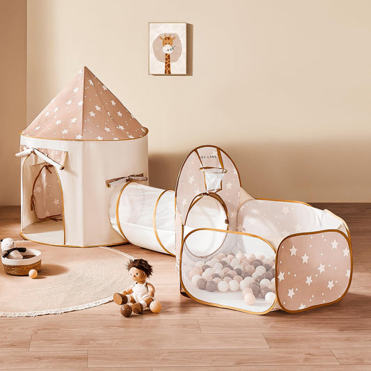 Tiny Land play tent beige star design provides a cozy space for imaginative play.