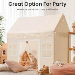 Tiny Land tent curtains with white polka dots add charm.