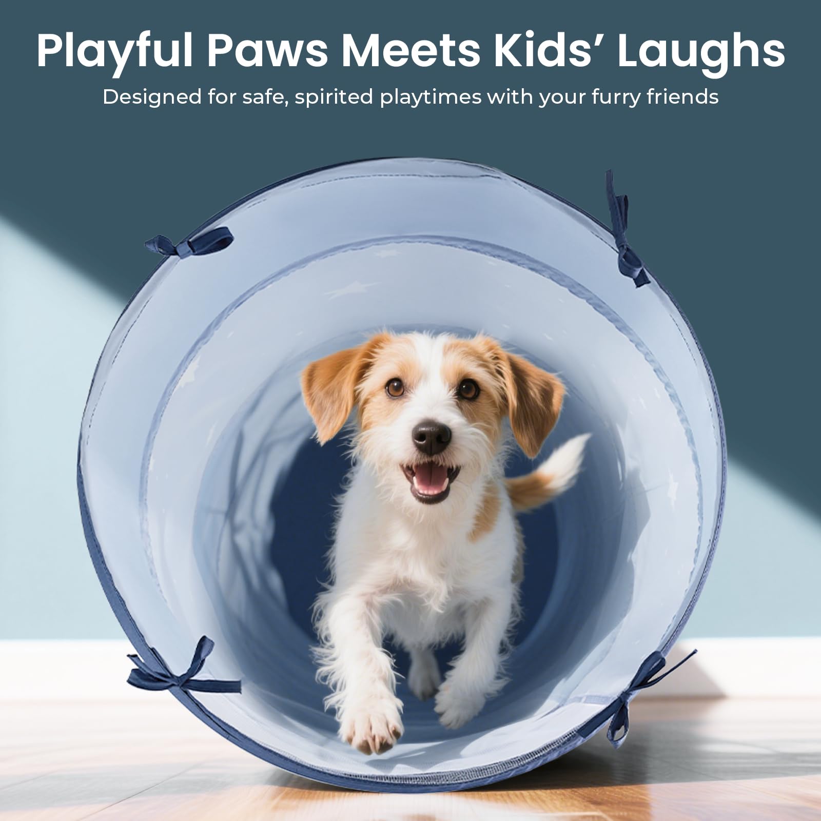 Tiny Land blue play tunnel with a portable carry bag for travel.