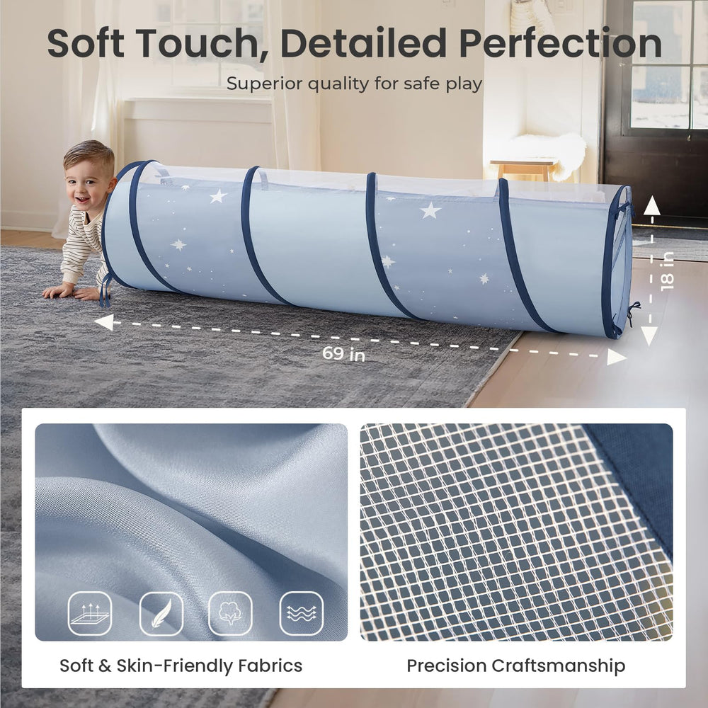 Tiny Land blue play tunnel features breathable mesh sides for airflow.