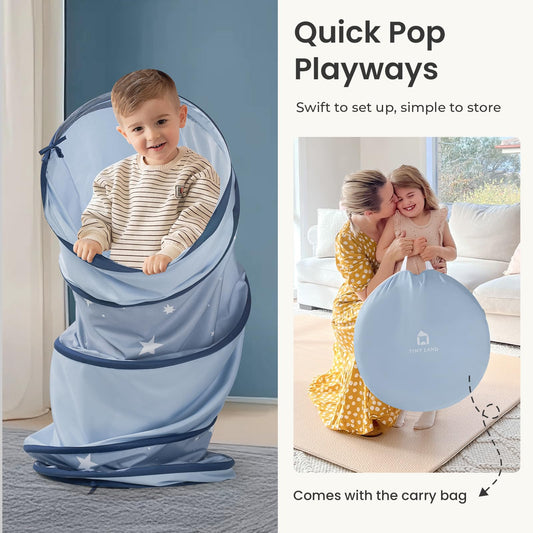 Tiny Land blue play tunnel fully unfolded showing ample crawling length.