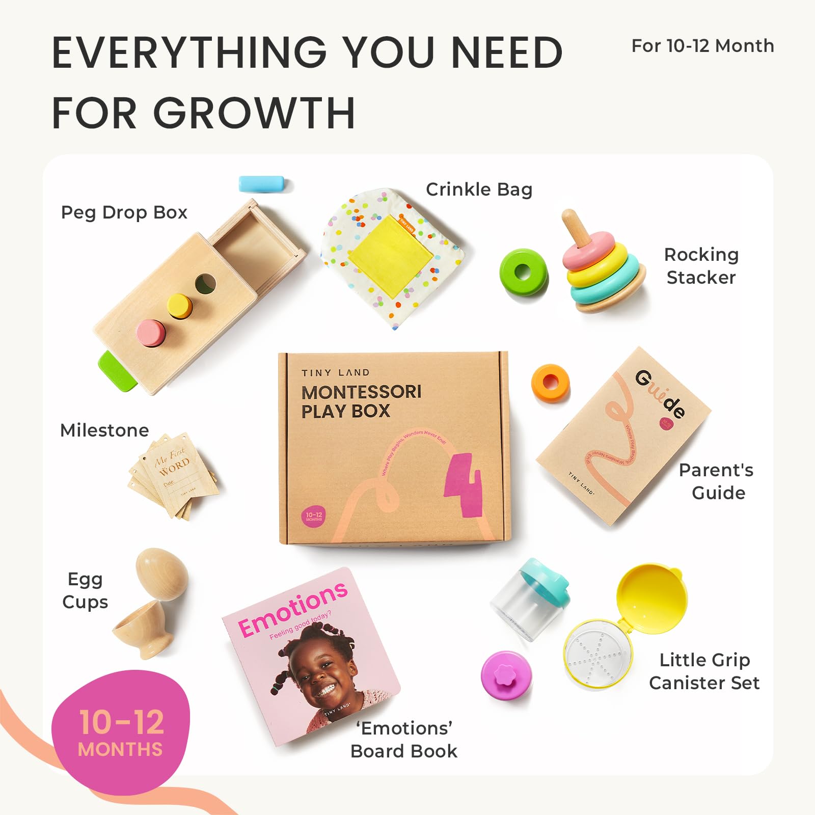 Tiny Land Rocking Stacker encourages coordinated movement and problem solving.