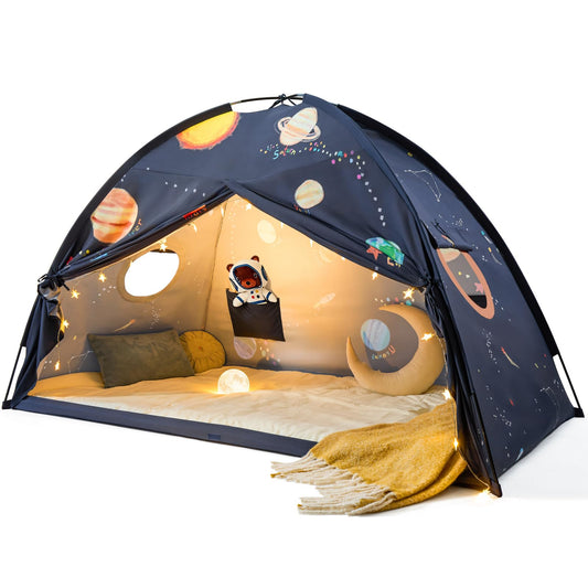 Tiny Land Space Galaxy Bed Tent doors and flaps create a private, cozy play space.