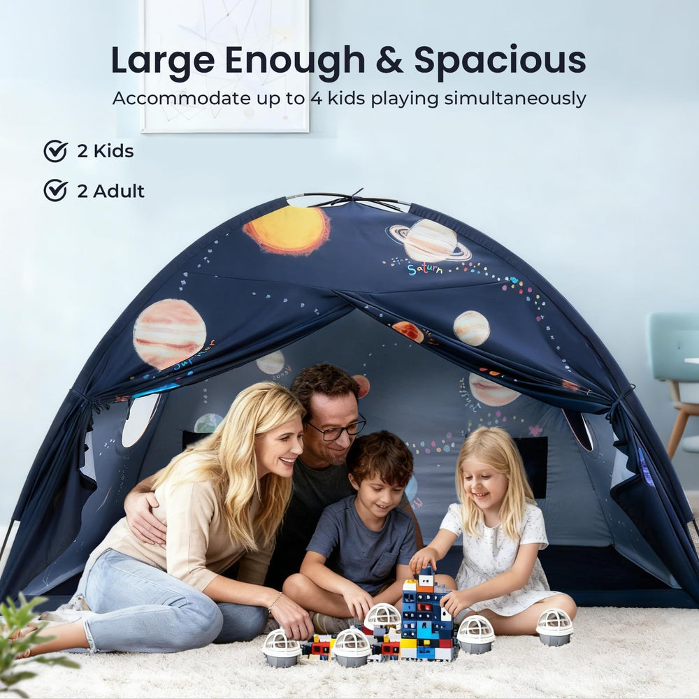Tiny Land Space Galaxy Bed Tent planet design sparks curiosity about the solar system.