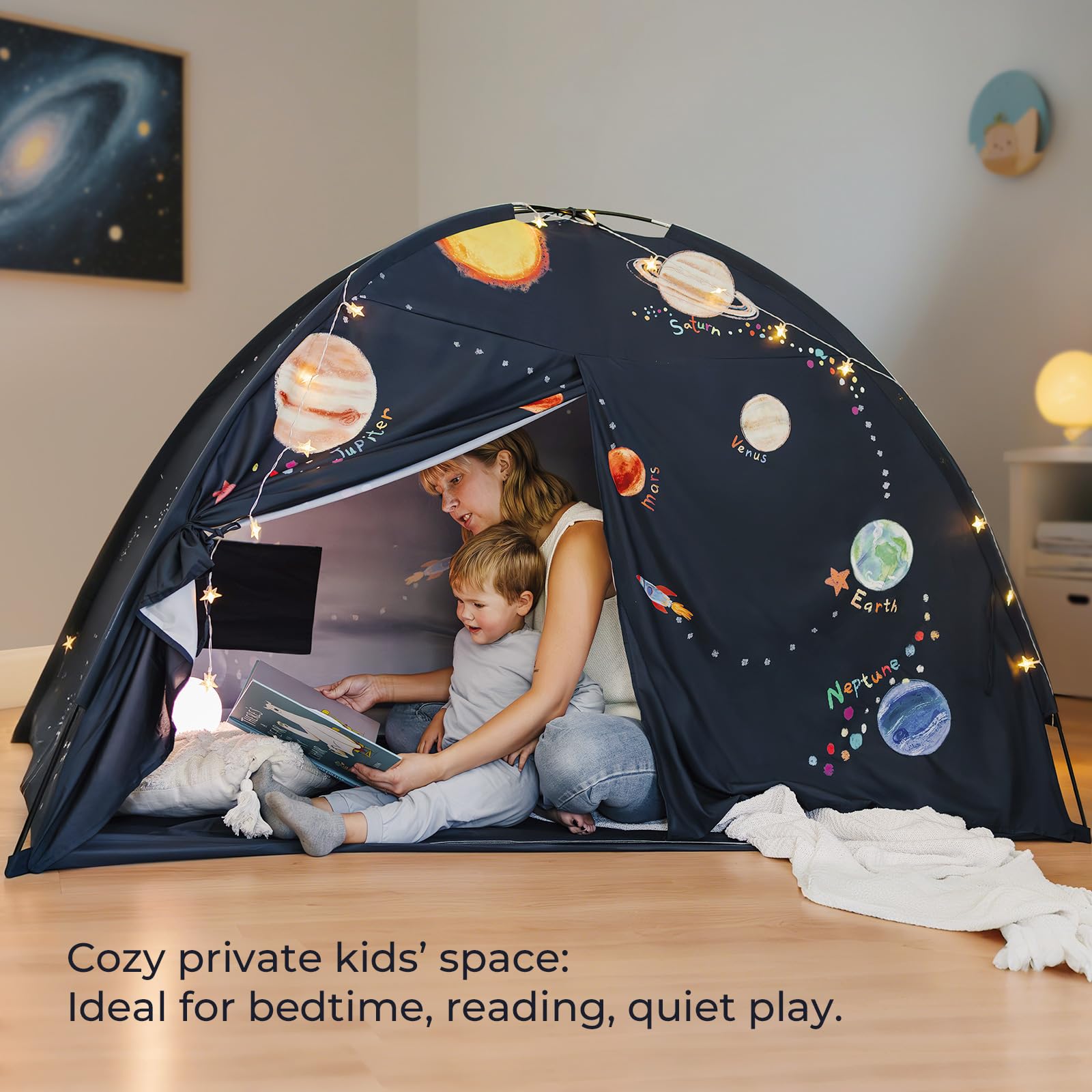 Tiny Land Space Galaxy Bed Tent quick-setup with fiberglass poles in minutes.