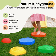 Child plays on Tiny Land rainbow stones to improve stepping and coordination.