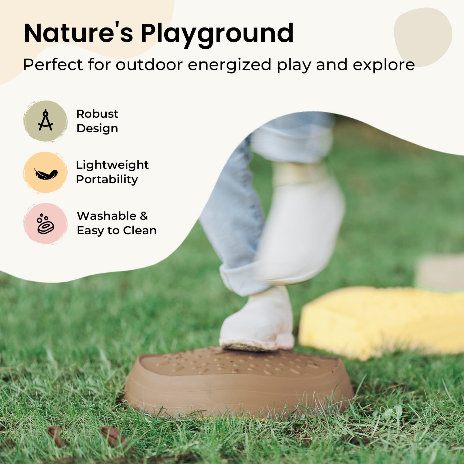 Tiny Land stepping stones work well outdoors and indoors on flat surfaces.