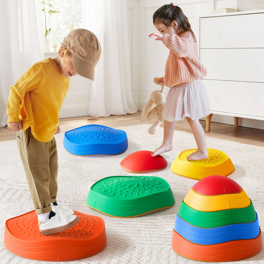 Tiny Land stepping stones in rainbow colors promote imaginative play and balance.