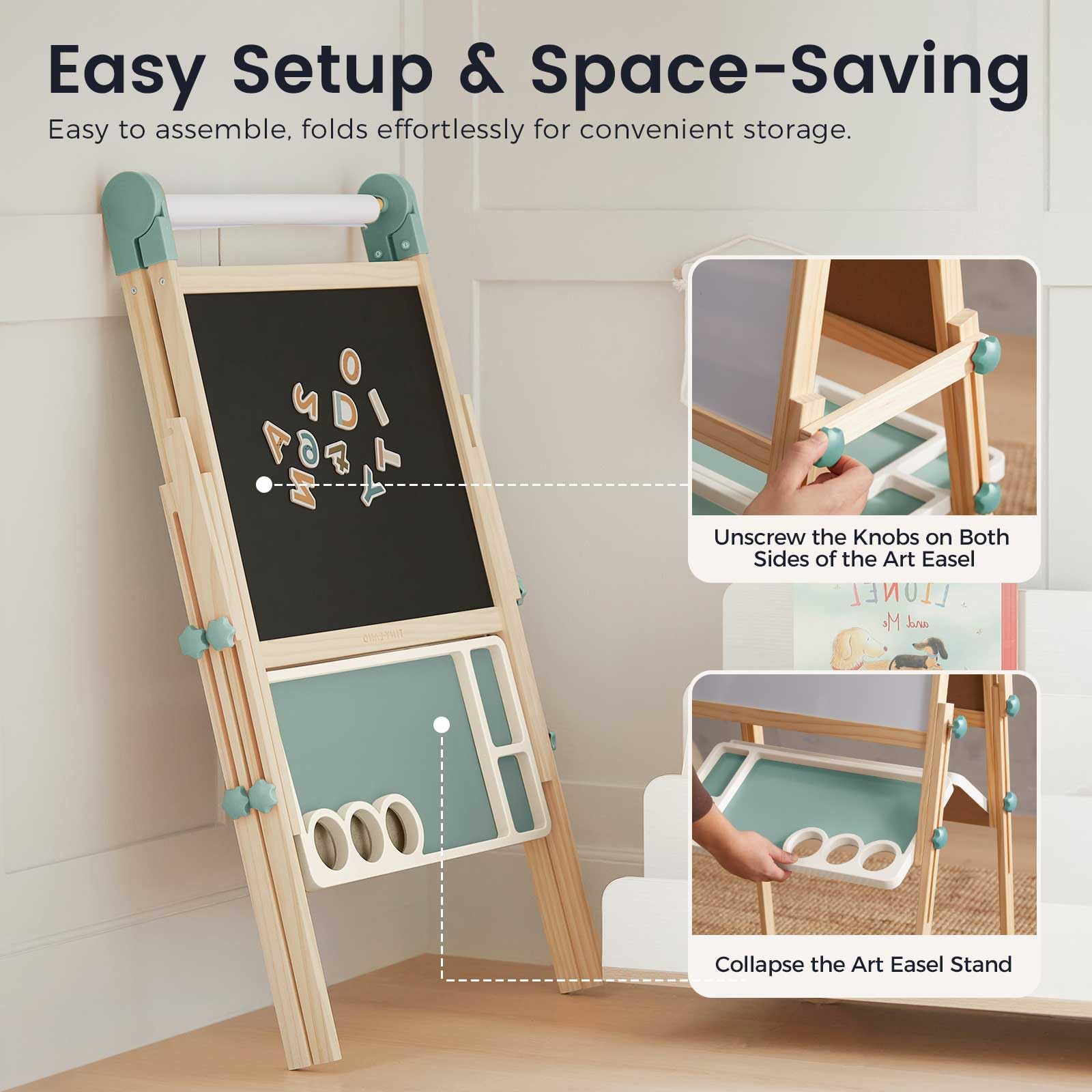 Assembled Tiny Land easel showing sturdy wooden legs and foldable design