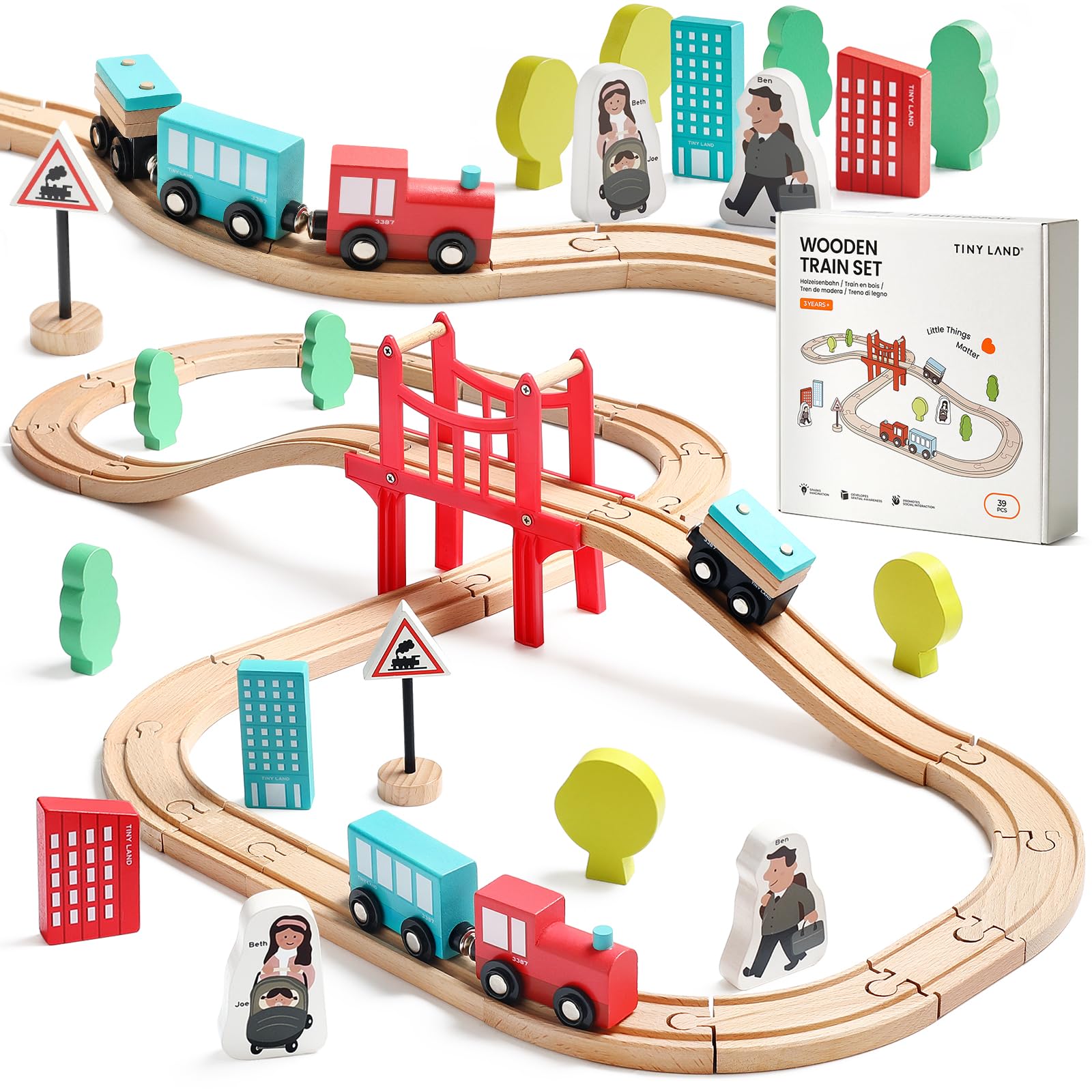 Tiny Land wooden train set close-up tracks show durable beech wood for safe play