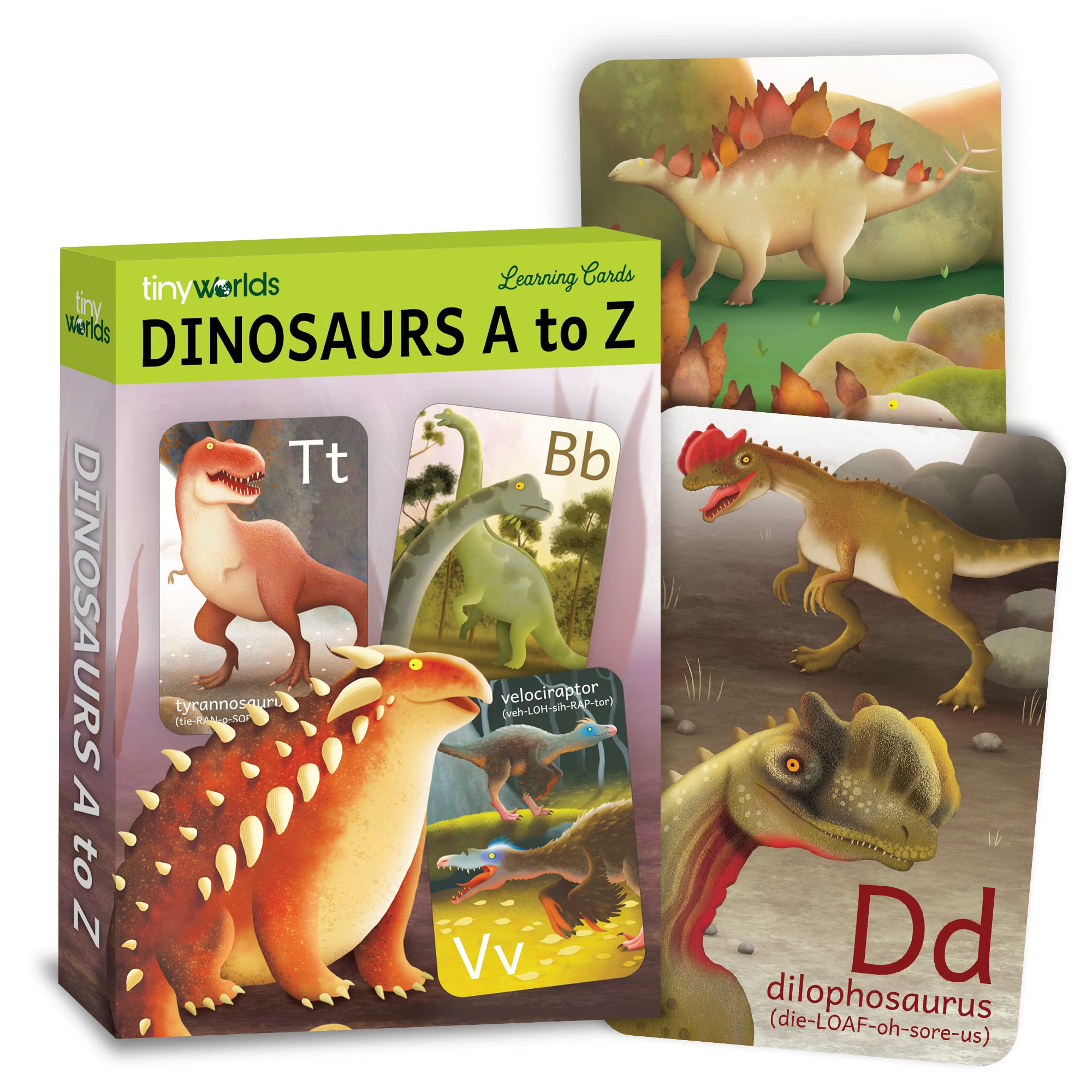 Tiny Worlds dinosaur alphabet card A with a T-Rex for early letter recognition