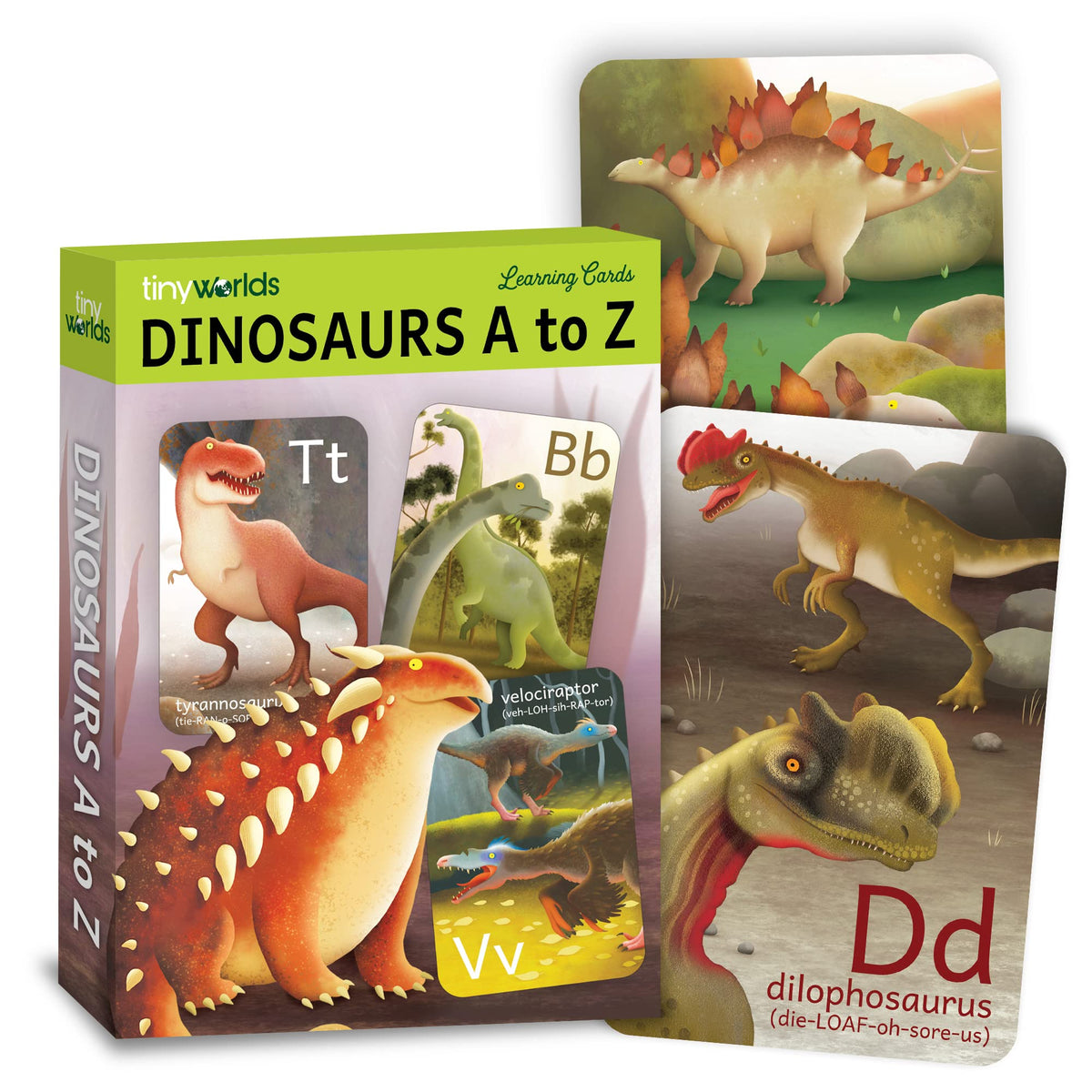 Tiny Worlds dinosaur alphabet card A with a T-Rex for early letter recognition