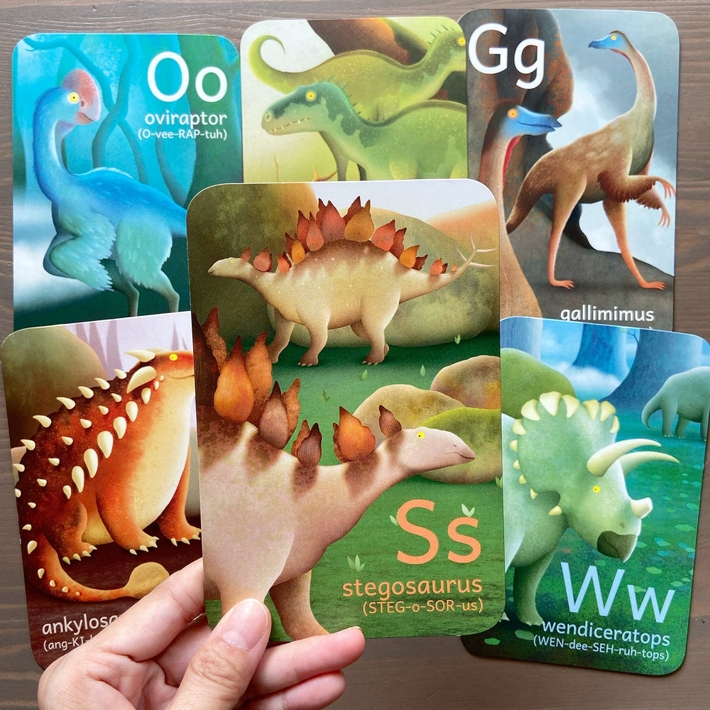 Tiny Worlds dinosaur alphabet card F depicts a generic F dinosaur for letter practice