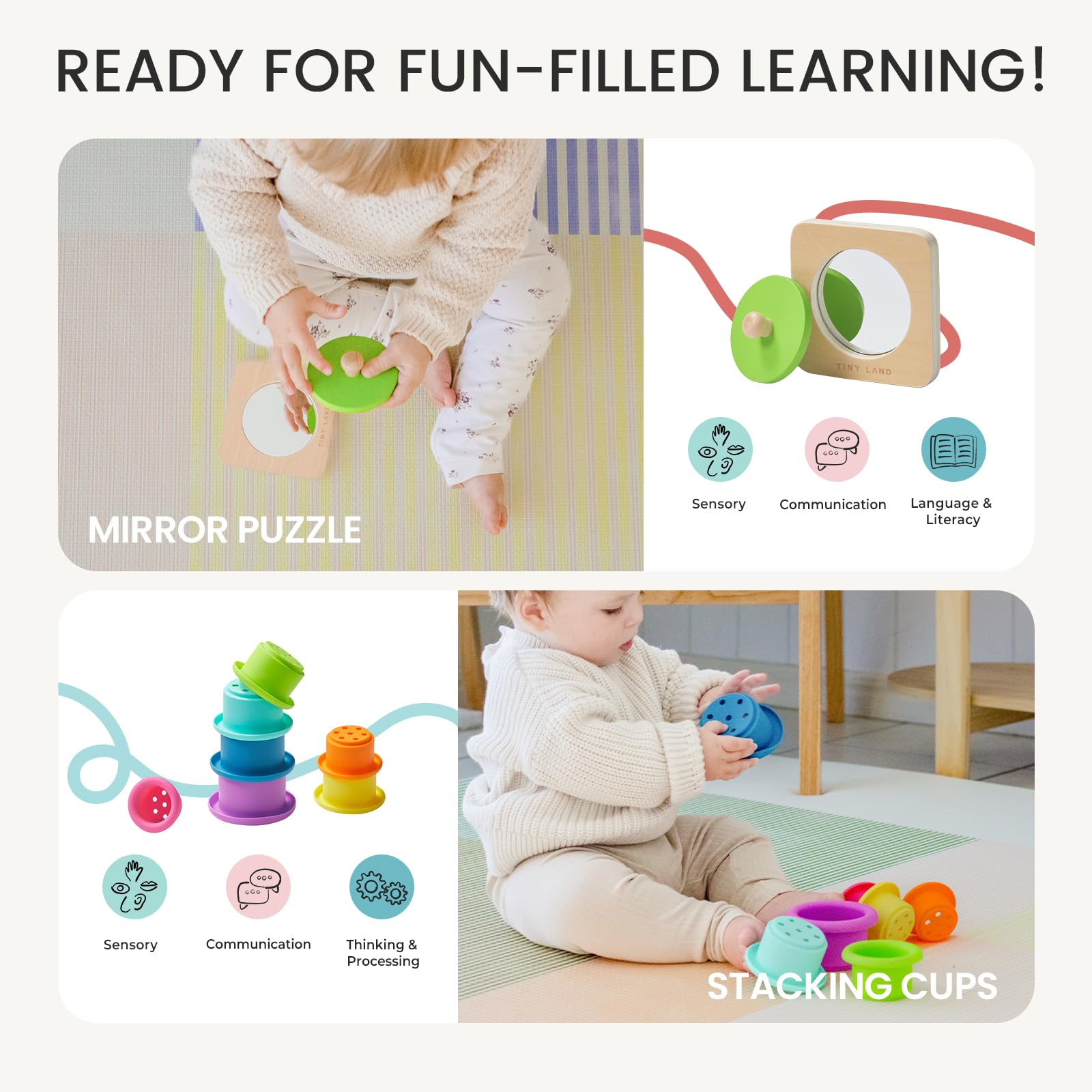 Tiny Land mirror puzzle supports self-recognition and visual tracking in babies.
