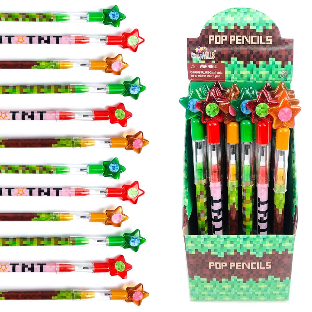 TINYMILLS Pixel Miner pencils with assorted pixels for vibrant party favors