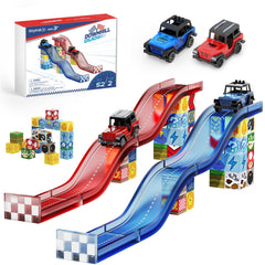 Tinytrek 52-piece magnetic tiles track set enabling versatile STEM play at home or travel.