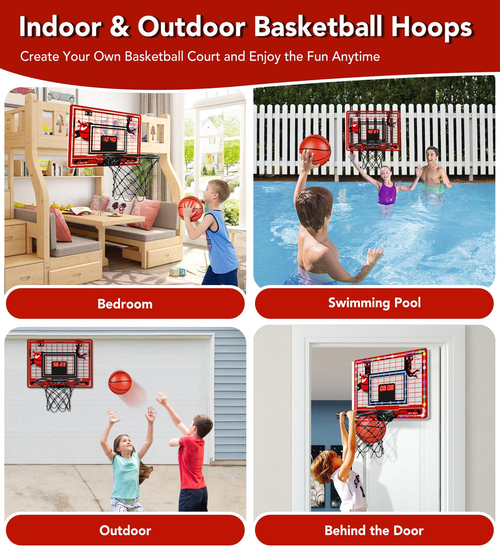 Tinytrek kids playing on the door shows compact home basketball setup.