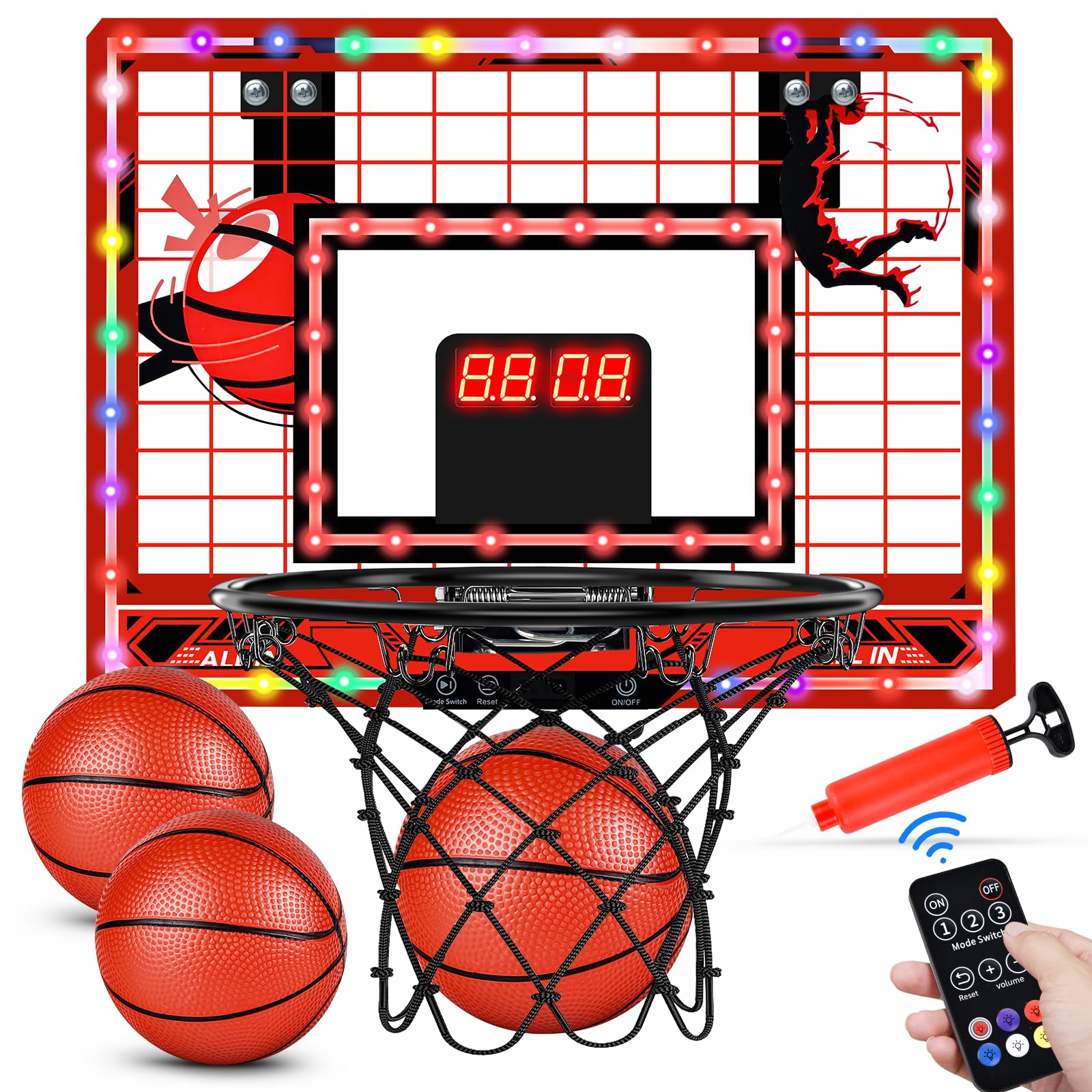 Tinytrek over-the-door hoop with LED outer frame boosts nighttime play sessions.