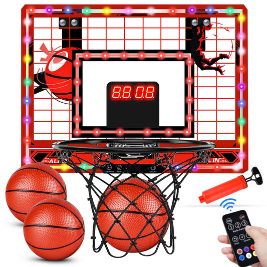 Tinytrek over-the-door hoop with LED outer frame boosts nighttime play sessions.