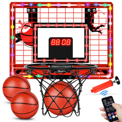 Tinytrek over-the-door hoop with LED outer frame boosts nighttime play sessions.