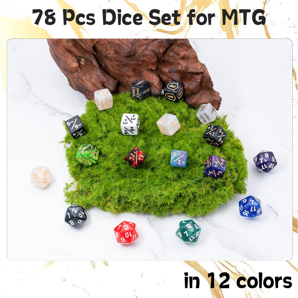 Tinzum 78-piece MTG dice set shown in-hand for size and color