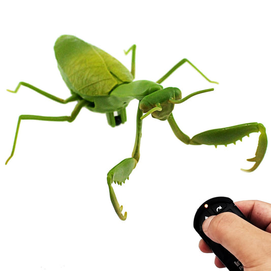 Tipmant RC Praying Mantis head close-up with realistic coloring and red LED light for immersive play.