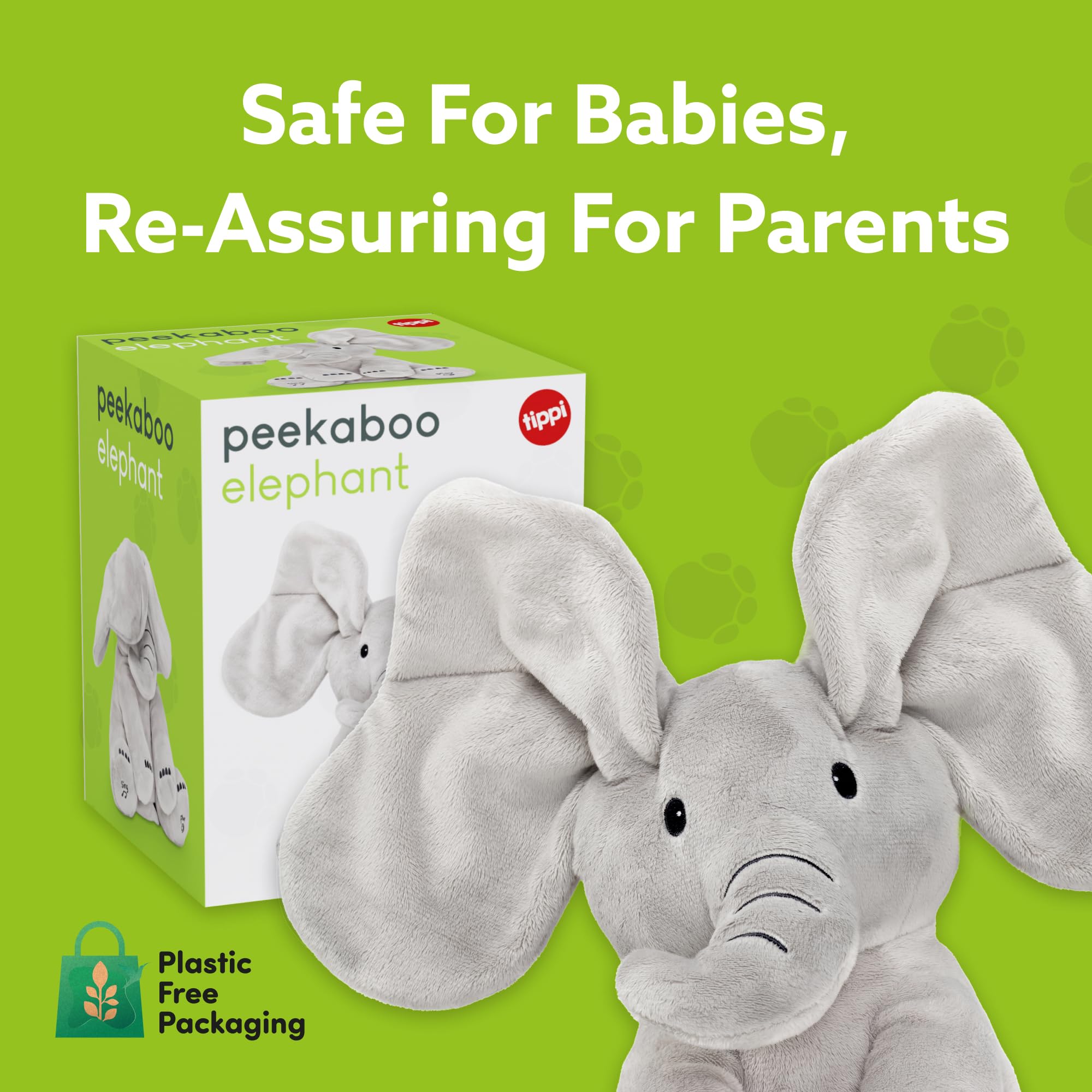 Tippi Peek a Boo Elephant toy gift-ready box with recyclable packaging