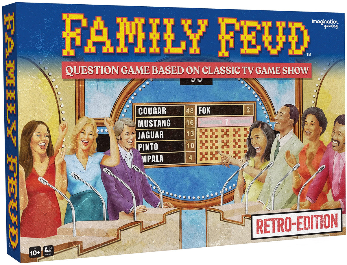 Tipsy Land Family Feud Retro Edition box front with nostalgic 1970s design for family game nights.