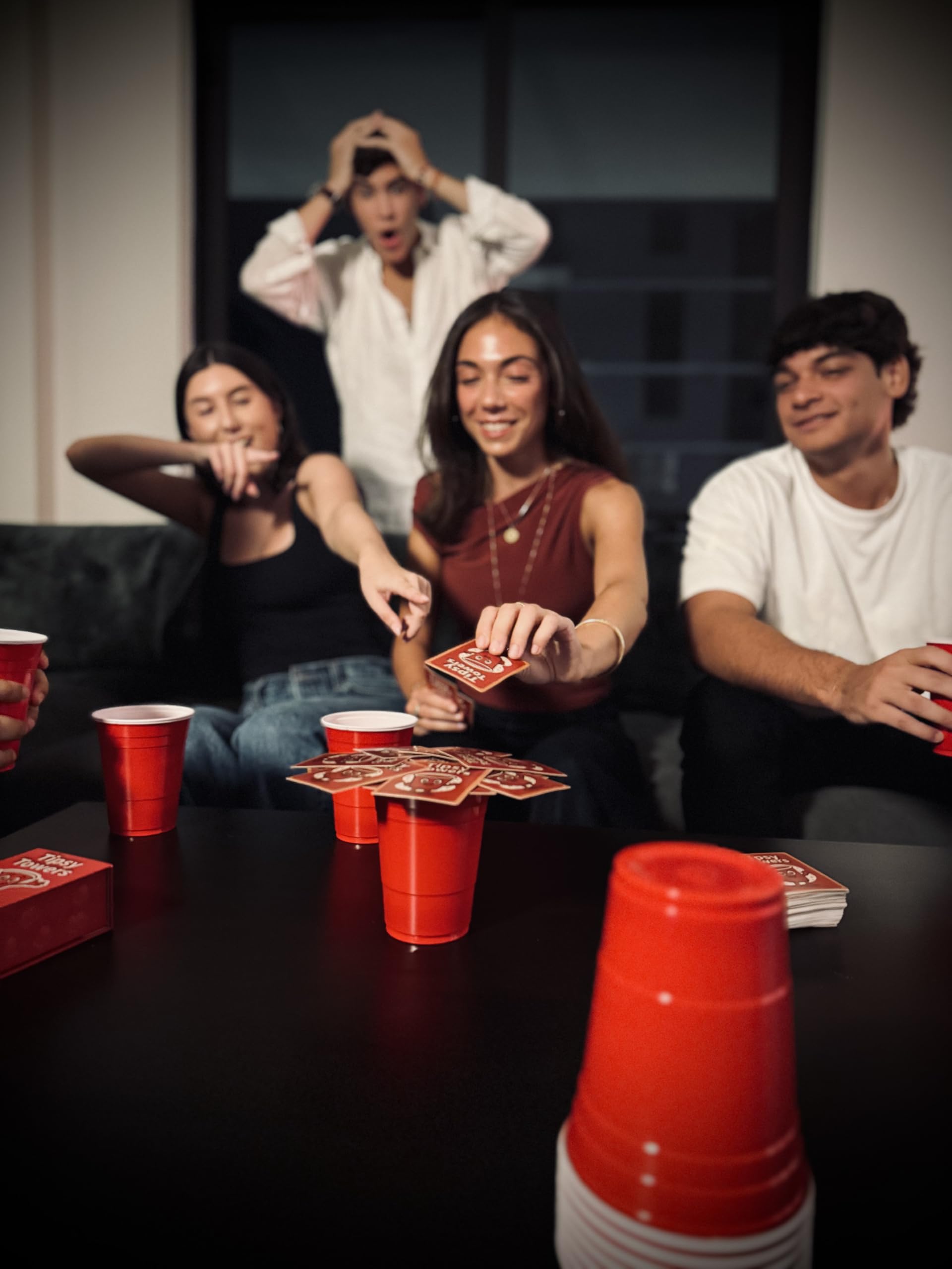 Tipsy Towers box includes everything you need for a ready-to-play night.