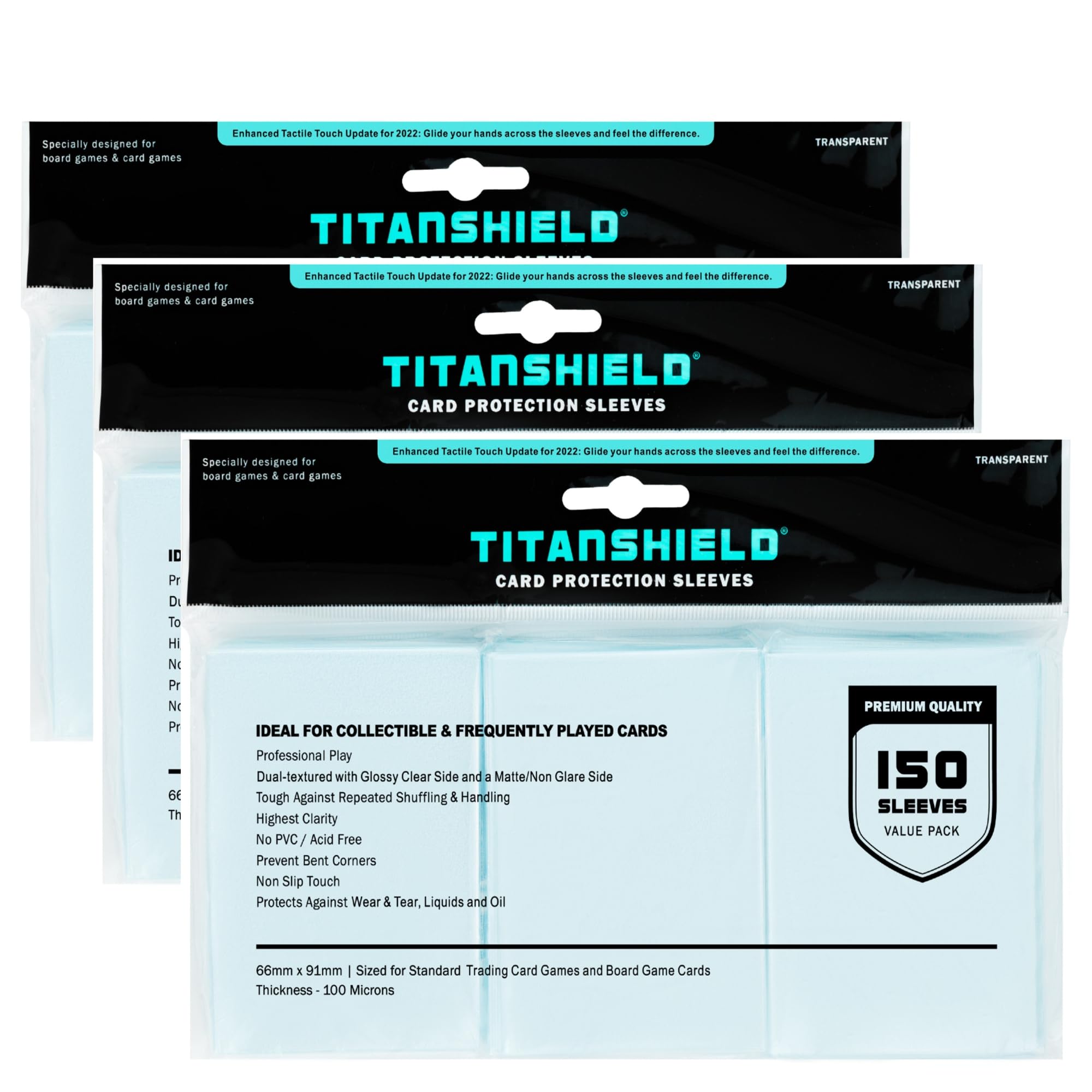 TitanShield Premium Card Sleeves 150-pack protecting a full deck.