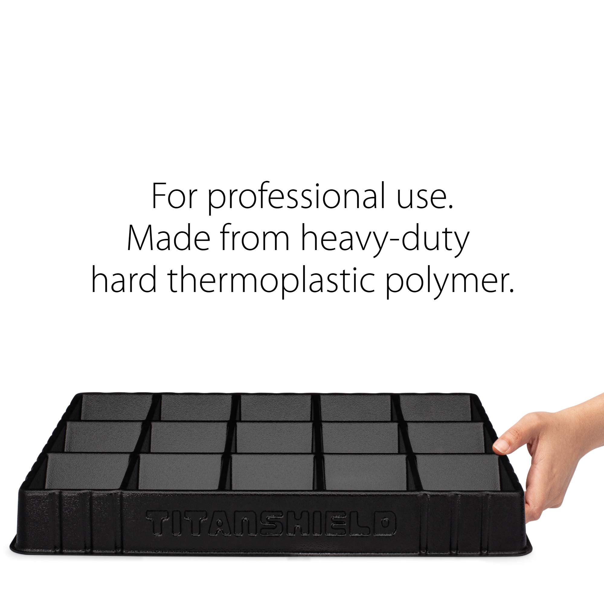 TitanShield stackable trays side view illustrating compact storage and easy stacking