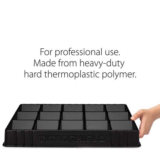 TitanShield stackable trays side view illustrating compact storage and easy stacking
