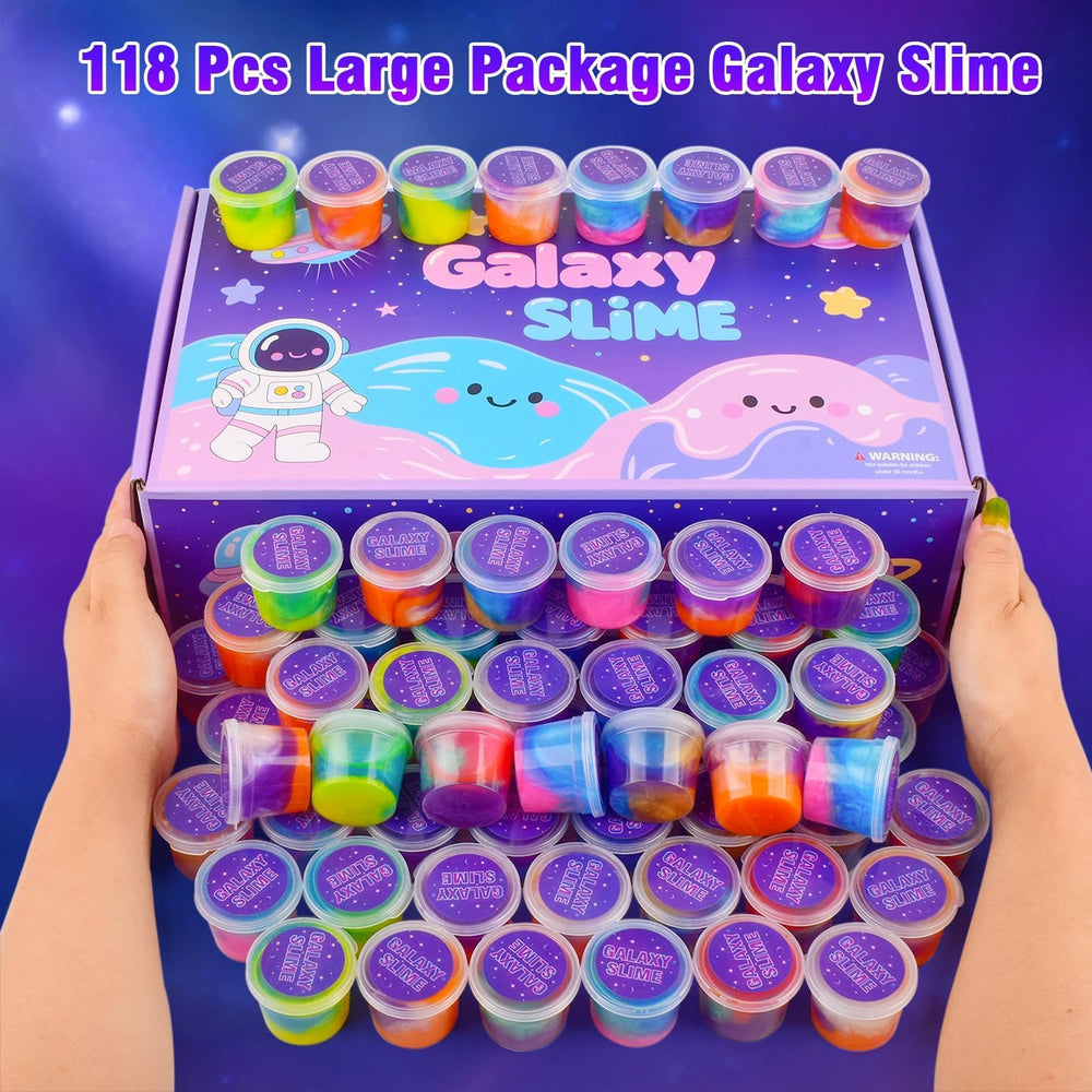 Titrith Christmas party prizes display with galaxy slime gifts