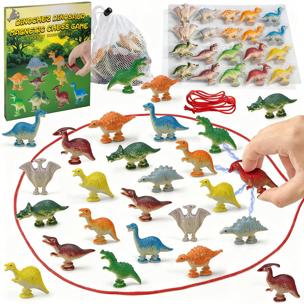 TitTees Dinochez dinosaur magnetic chess pieces in play for family game nights.
