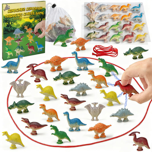 TitTees Dinochez dinosaur magnetic chess pieces in play for family game nights.