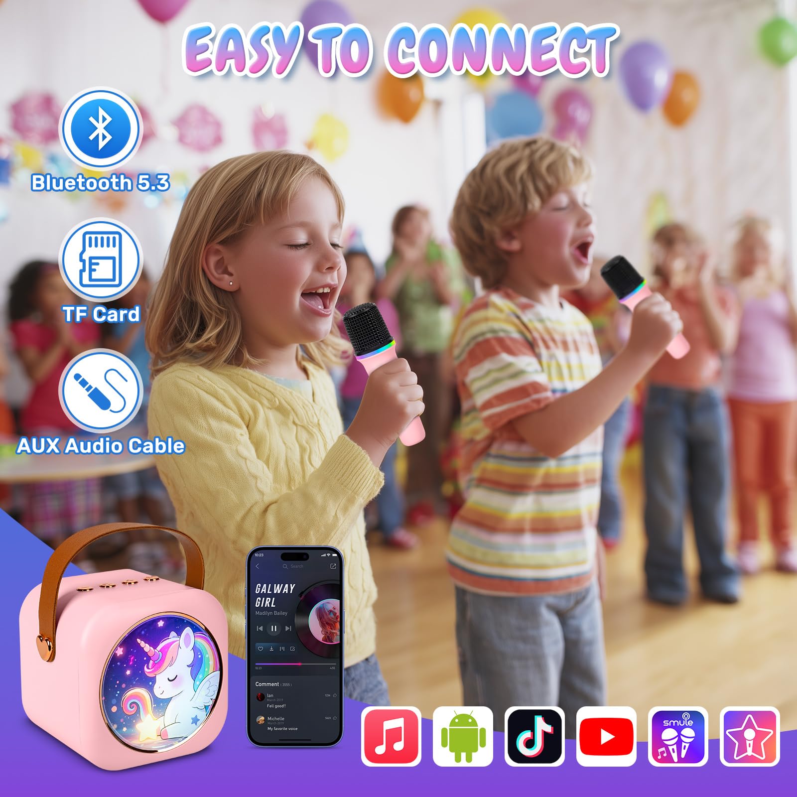 Tivioa Mini Karaoke showing two wireless mics for duets on the go.