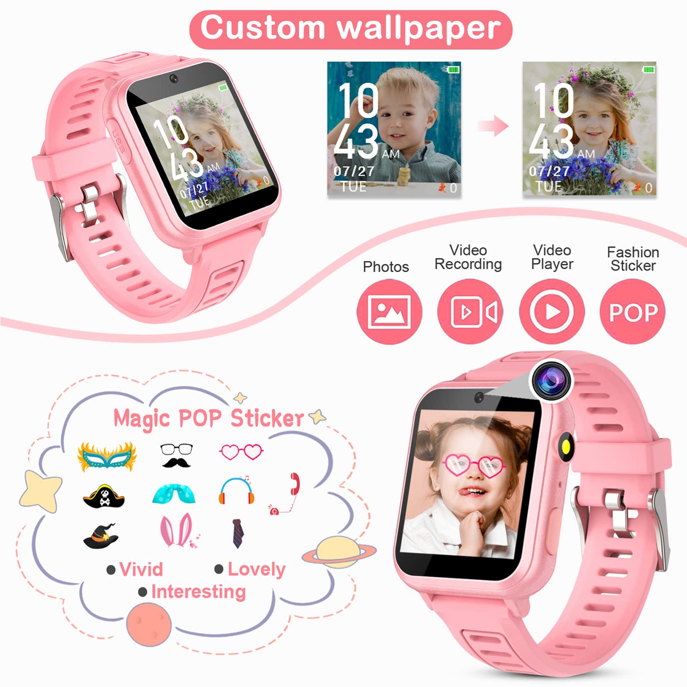 Tixpc Kids Smart Watch selfie camera, lets kids capture moments with friends.