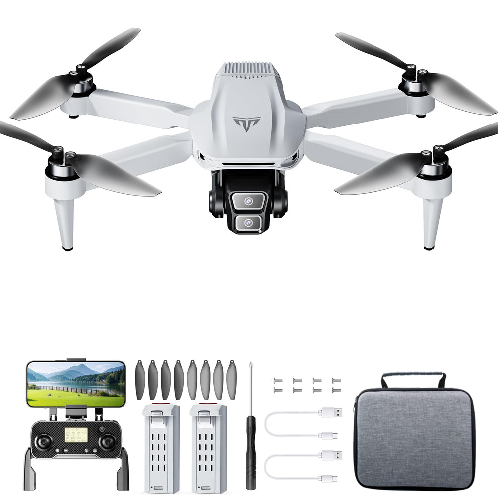 TizzyToy GPS drone with dual 4K cameras and foldable frame for portable aerial shots.