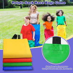 Tlooe potato sack race bags in use by kids and adults for lively competition.