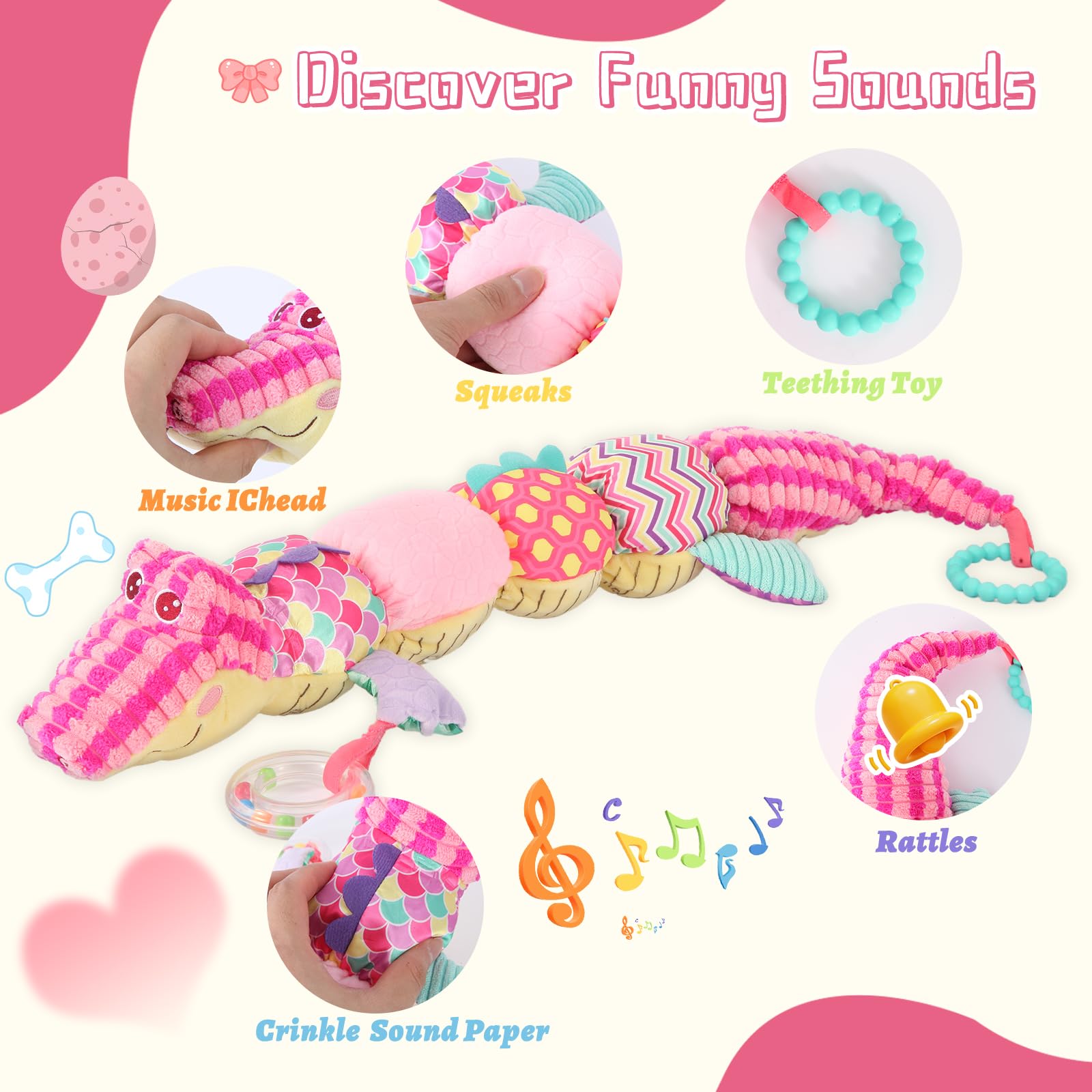 TLQSM crocodile musical toy delivers gentle lullaby and soothing sounds.