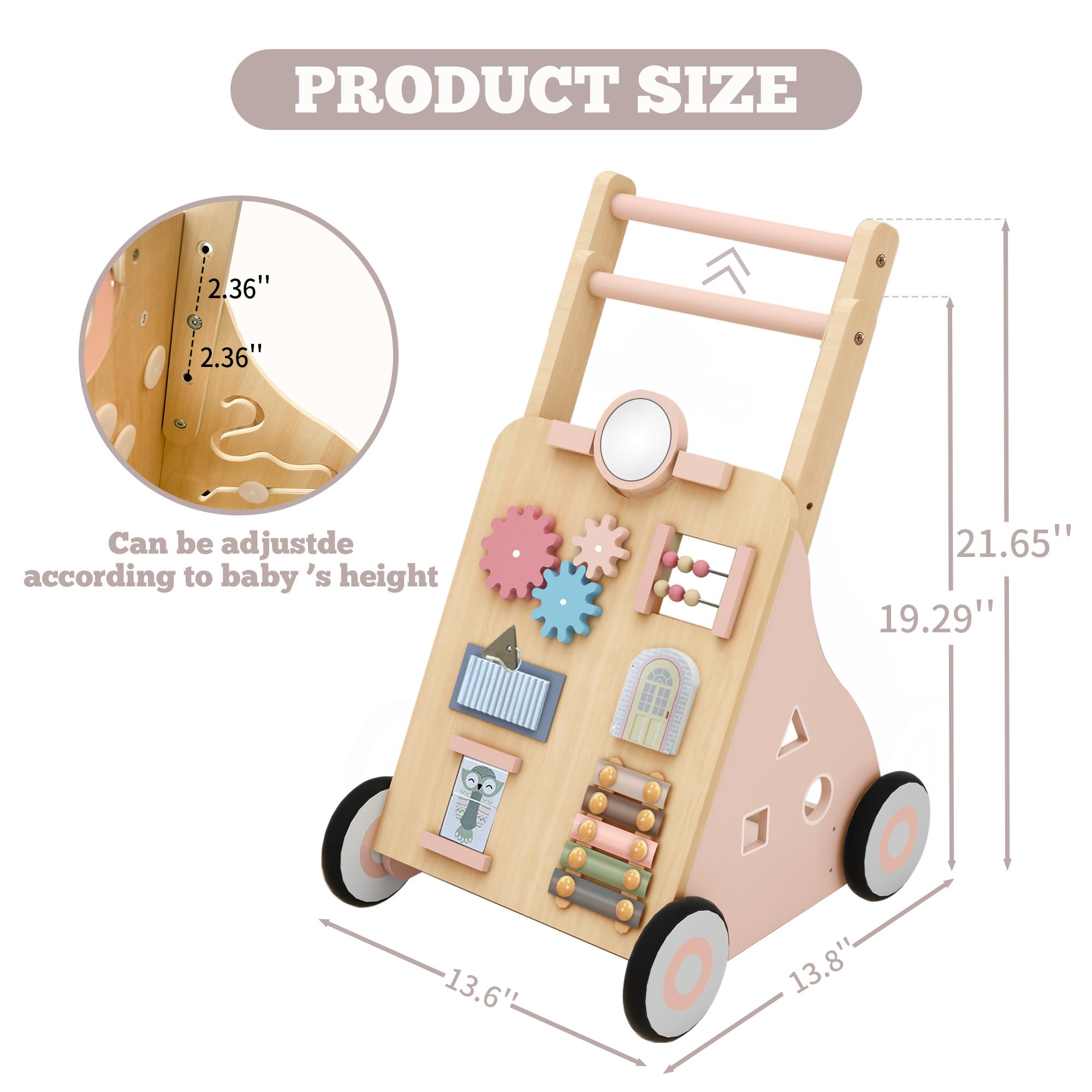 Tltaroni wooden baby walker wheels glide smoothly with rubber protection.