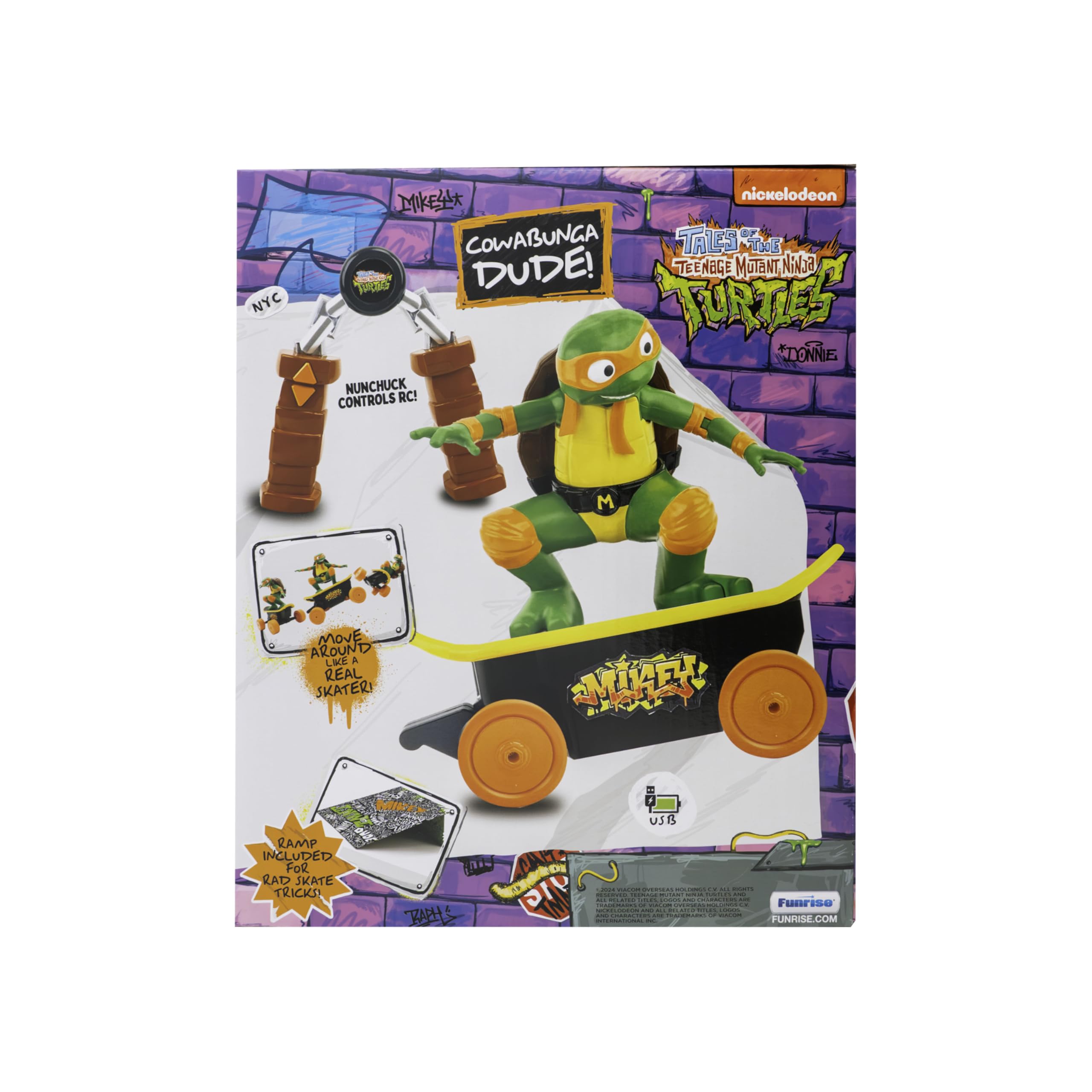 TMNT Mikey RC car charging image conveys battery powered fun