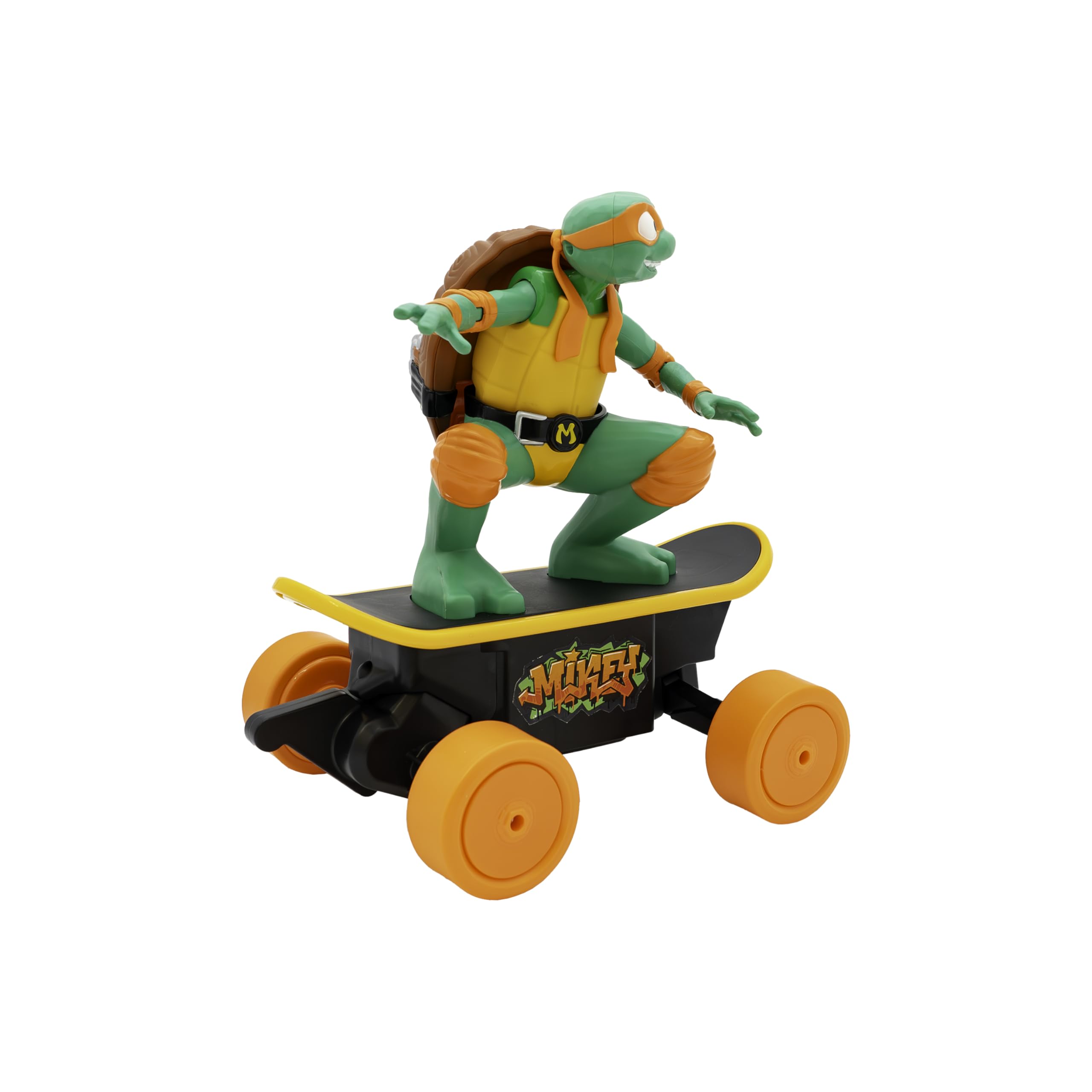 TMNT Mikey RC car in motion captures dynamic skating action indoors and outdoors