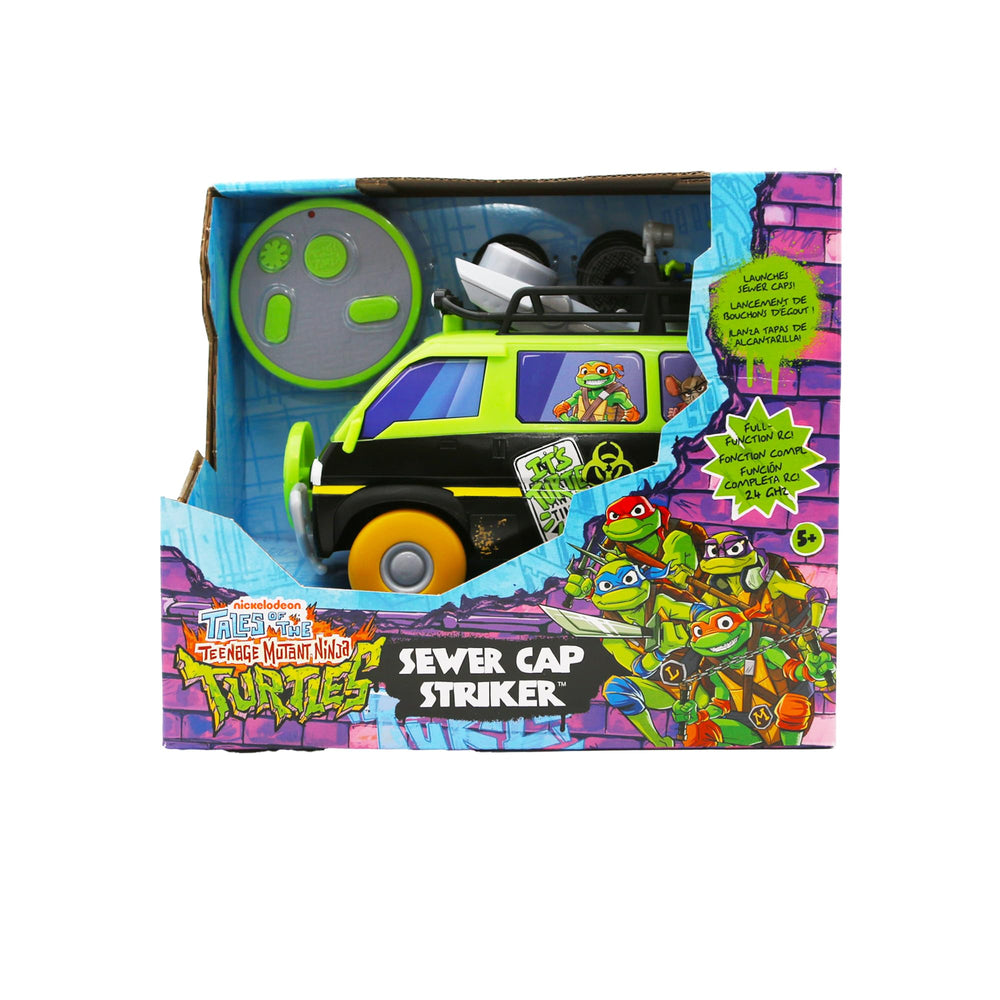 TMNT Sewer Cap Striker RC car in action launching foam caps for playful target practice.