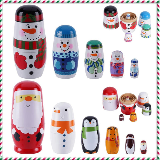 Tngan Christmas nesting dolls display featuring Santa and snowman.