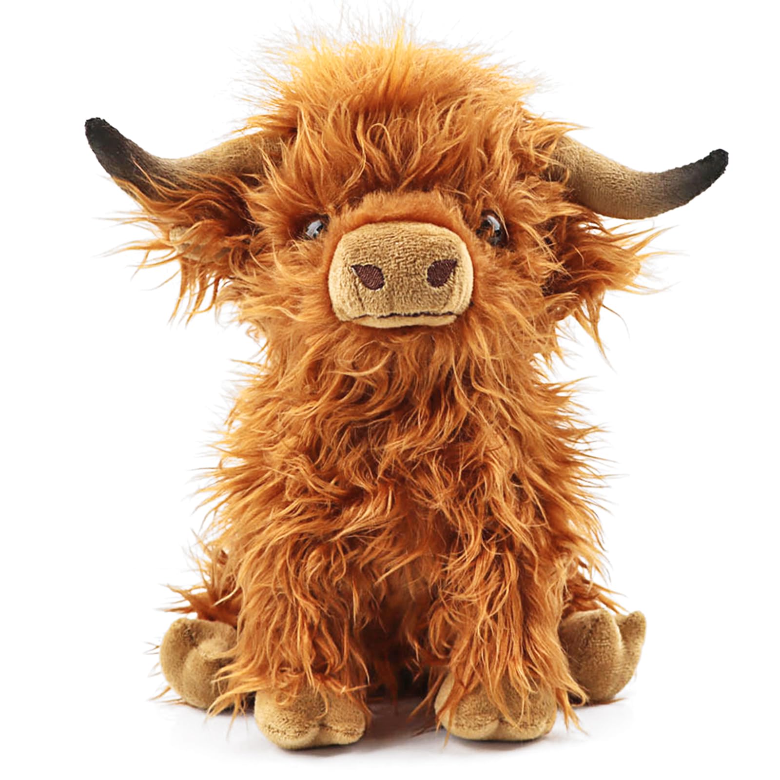 Toaje Highland Cow stuffed animal with fluffy mane offers cozy playtime appeal.